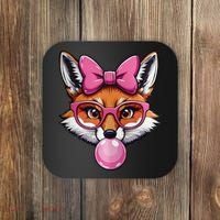 Cute Fox With Glasses And Blowing Gum Coquette Bow Women Coaster thumb 0