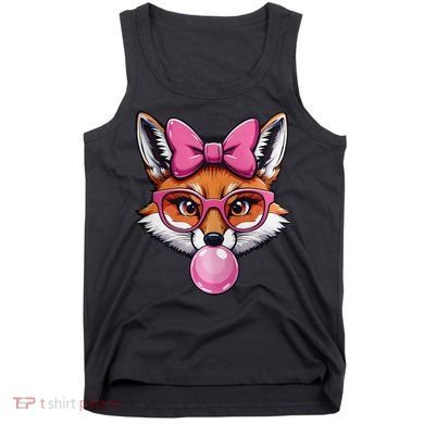 Cute Fox With Glasses And Blowing Gum Coquette Bow Women Tank Top