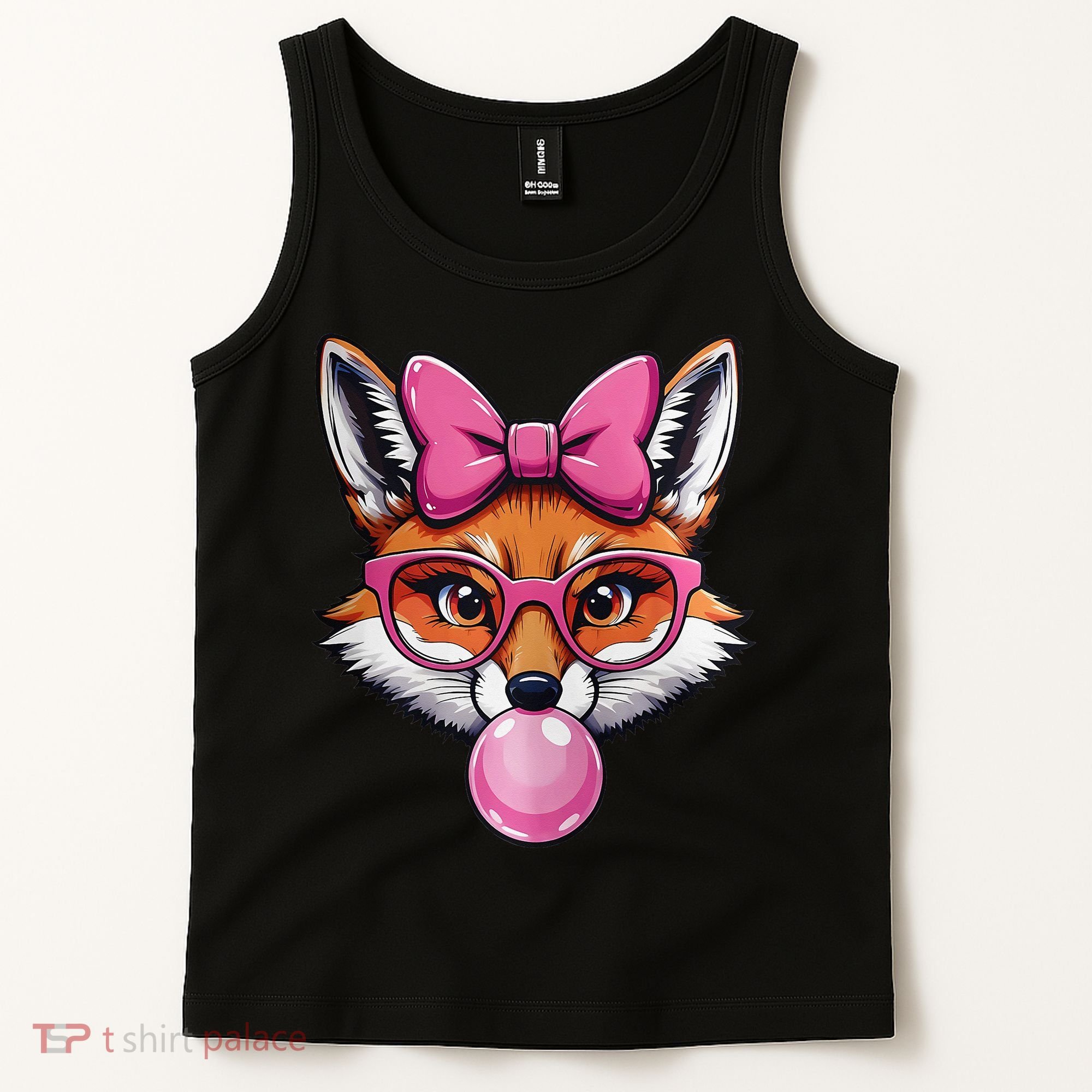 Cute Fox With Glasses And Blowing Gum Coquette Bow Women Tank Top