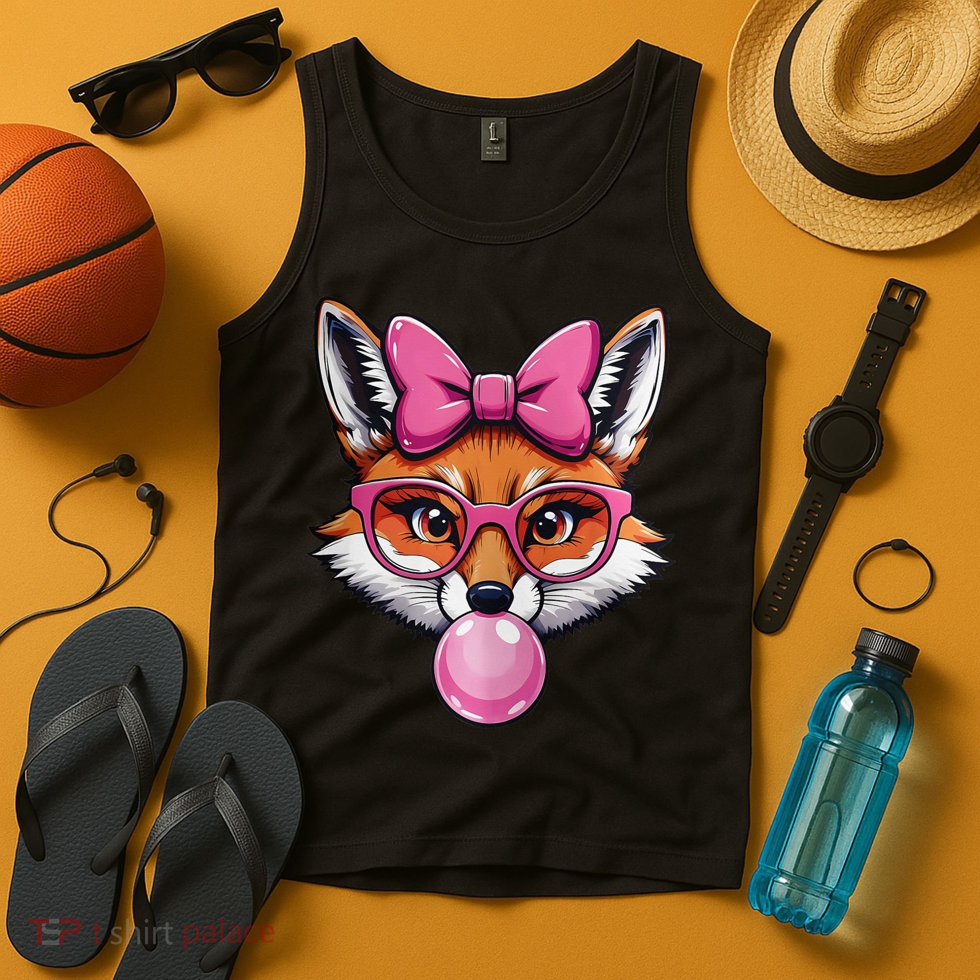Cute Fox With Glasses And Blowing Gum Coquette Bow Women Tank Top
