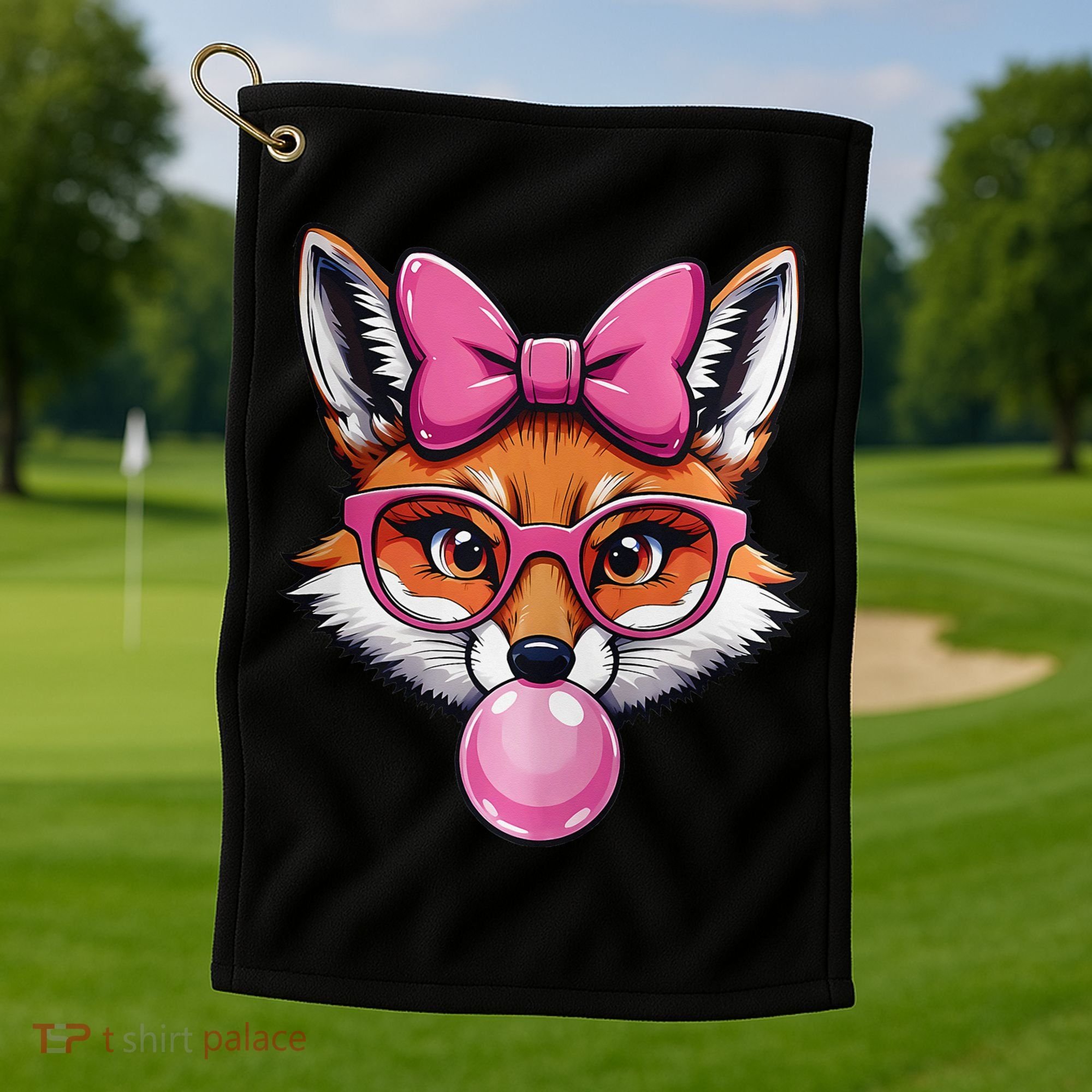 Cute Fox With Glasses And Blowing Gum Coquette Bow Women Golf Towel