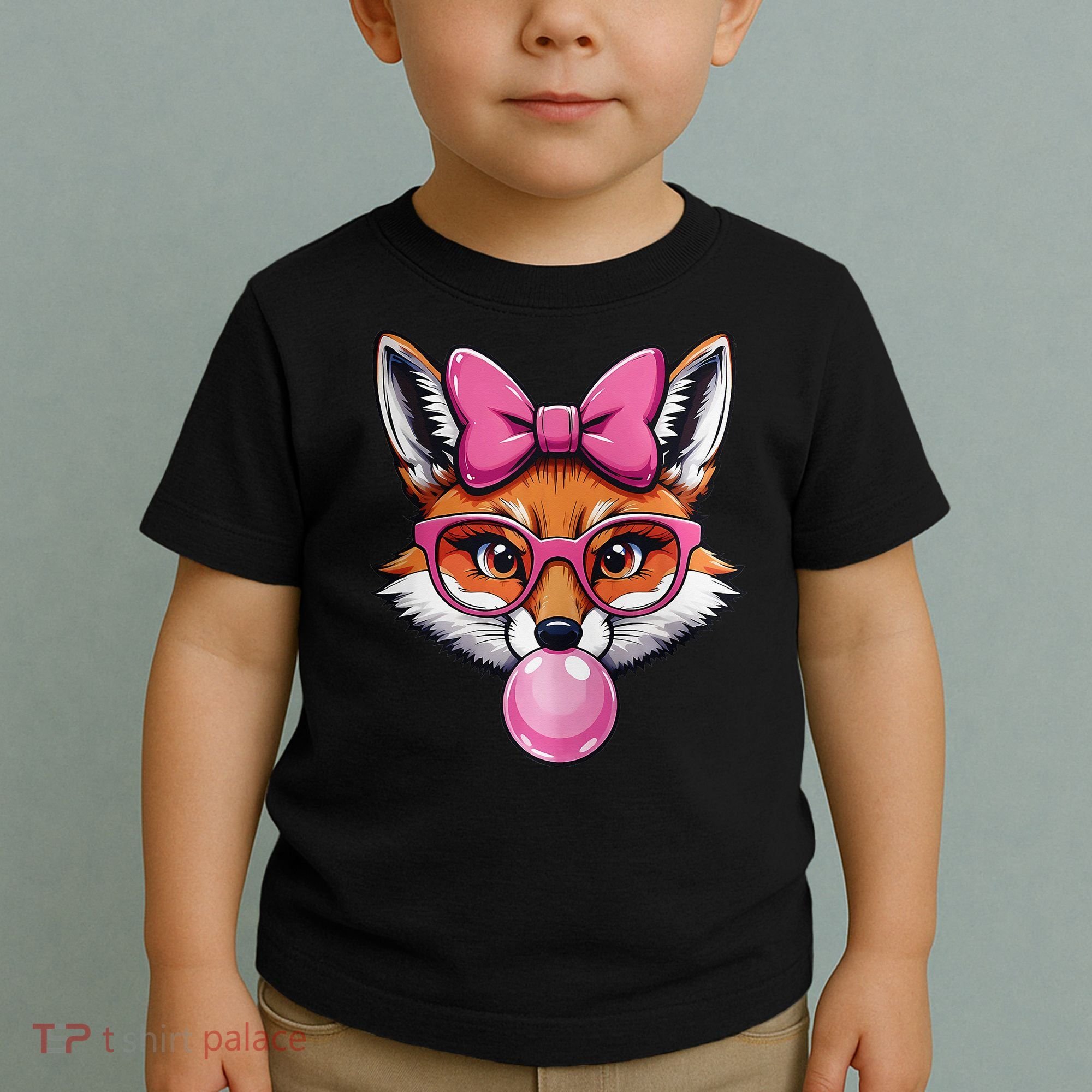 Cute Fox With Glasses And Blowing Gum Coquette Bow Women Toddler T-Shirt