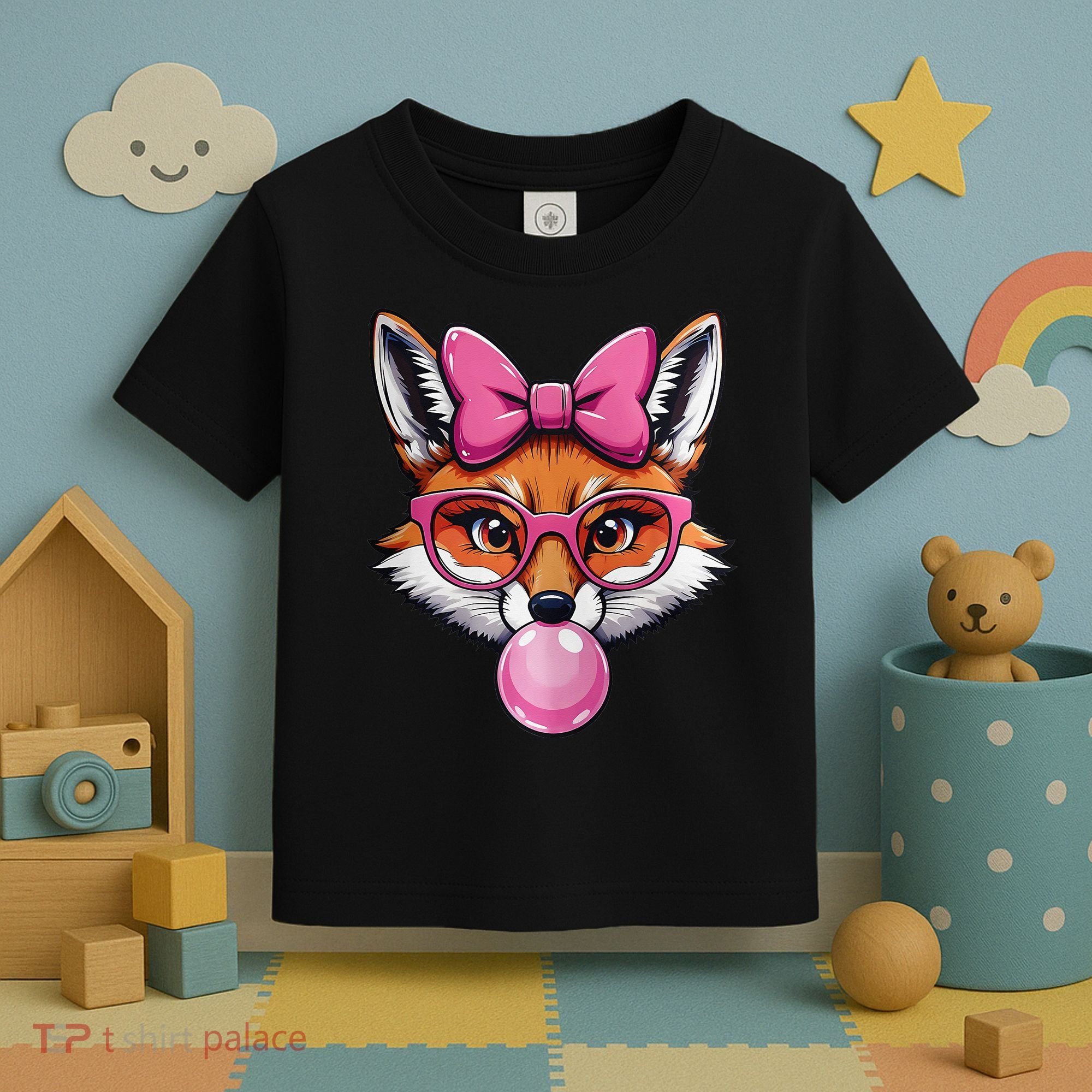Cute Fox With Glasses And Blowing Gum Coquette Bow Women Toddler T-Shirt