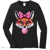 Cute Fox With Glasses And Blowing Gum Coquette Bow Women Women's Long Sleeve Shirt thumb 0
