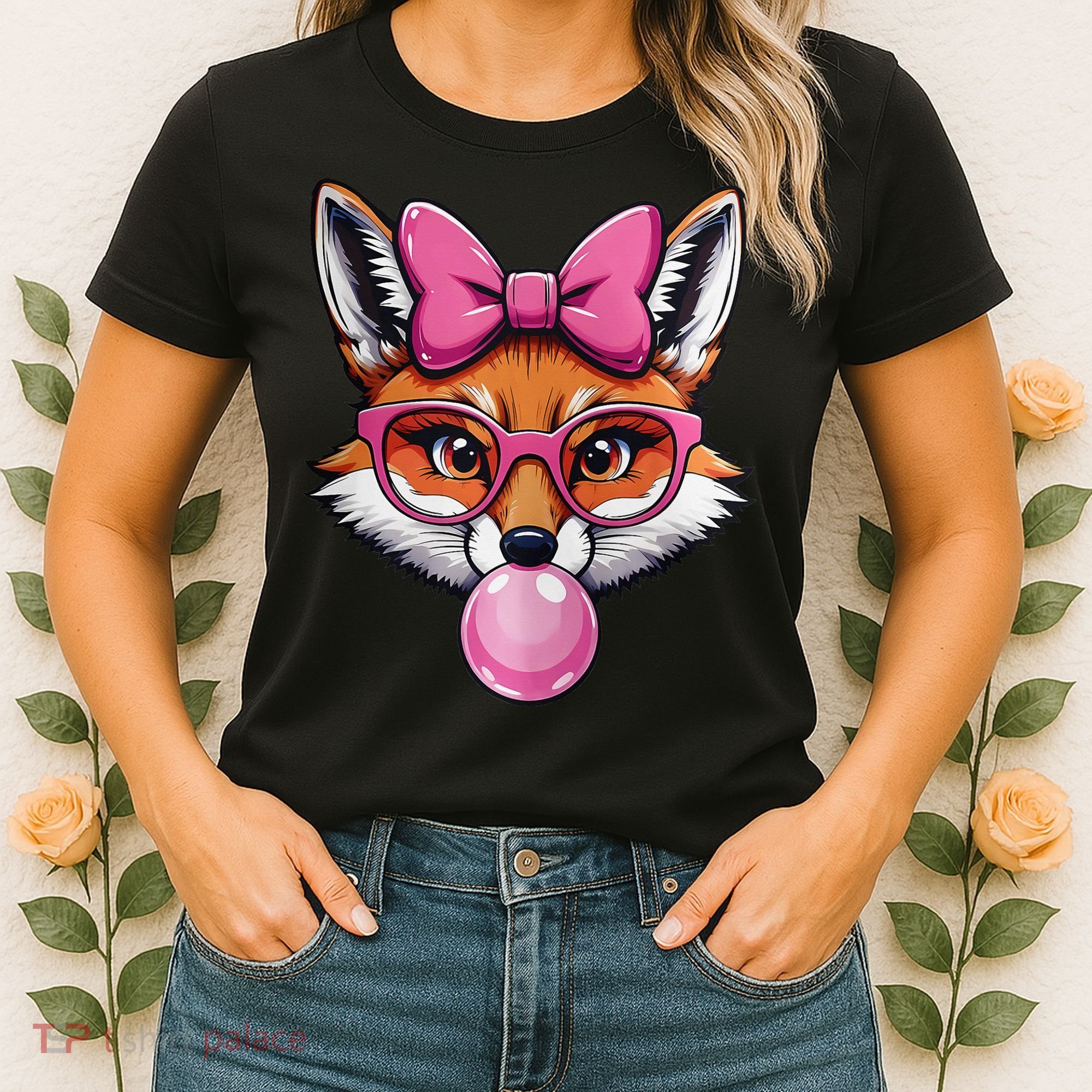 Cute Fox With Glasses And Blowing Gum Coquette Bow Women Women's T-Shirt