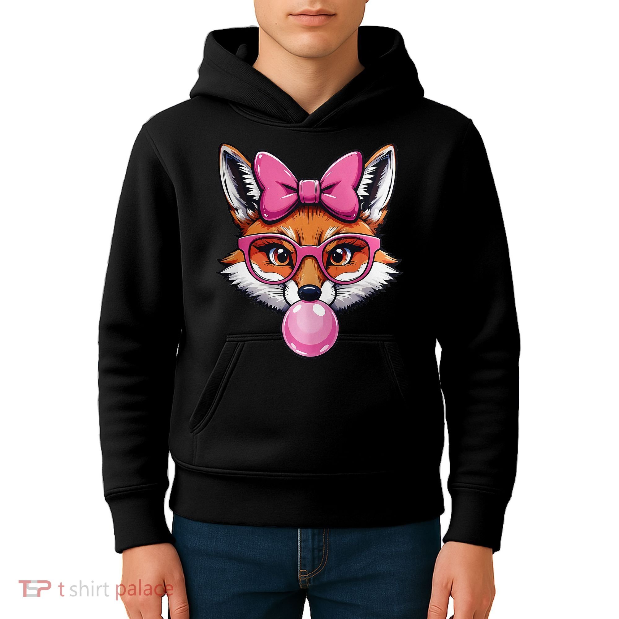 Cute Fox With Glasses And Blowing Gum Coquette Bow Women Kids Hoodie