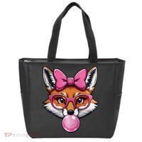 Cute Fox With Glasses And Blowing Gum Coquette Bow Women Tote Bag thumb 0