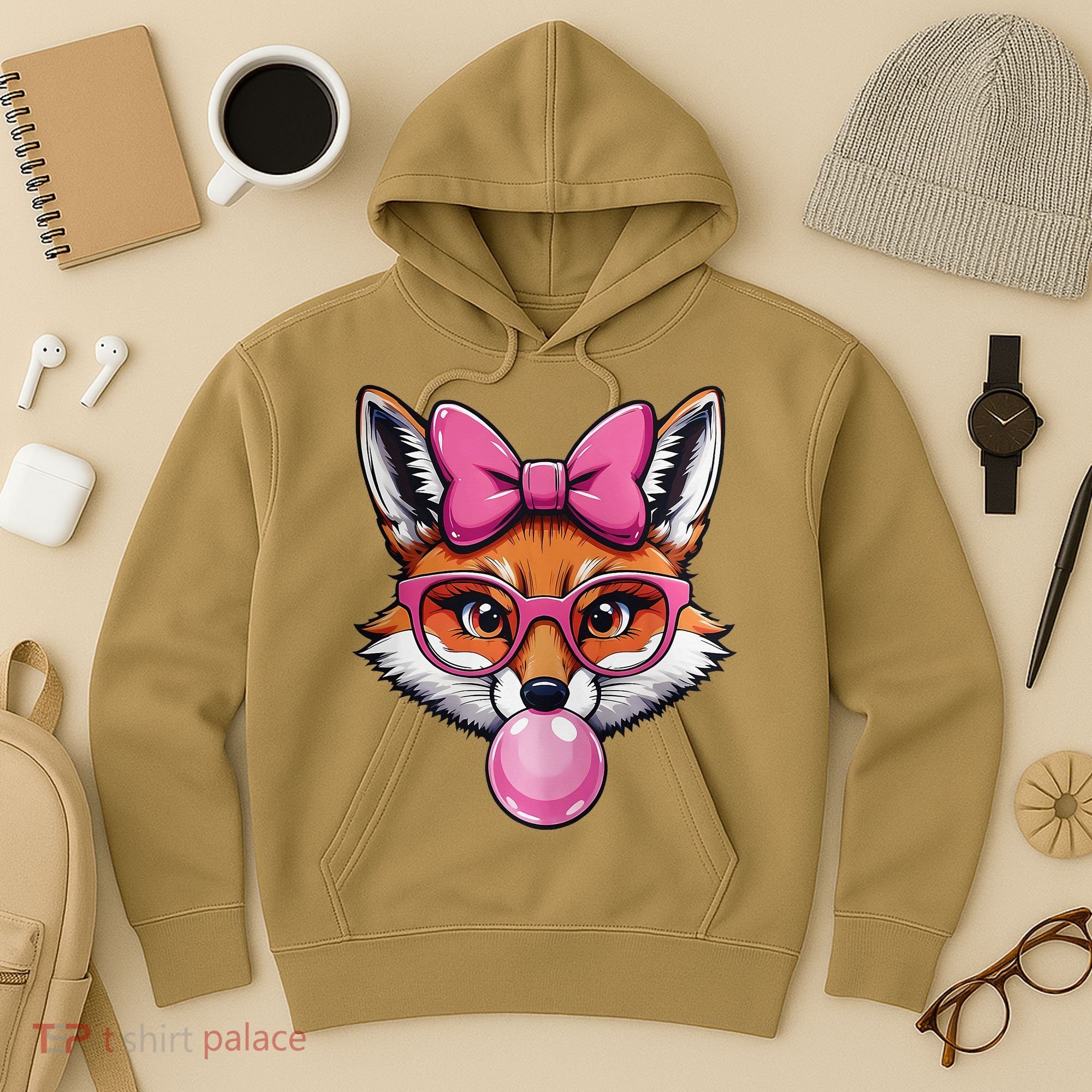 Cute Fox With Glasses And Blowing Gum Coquette Bow Women Hoodie