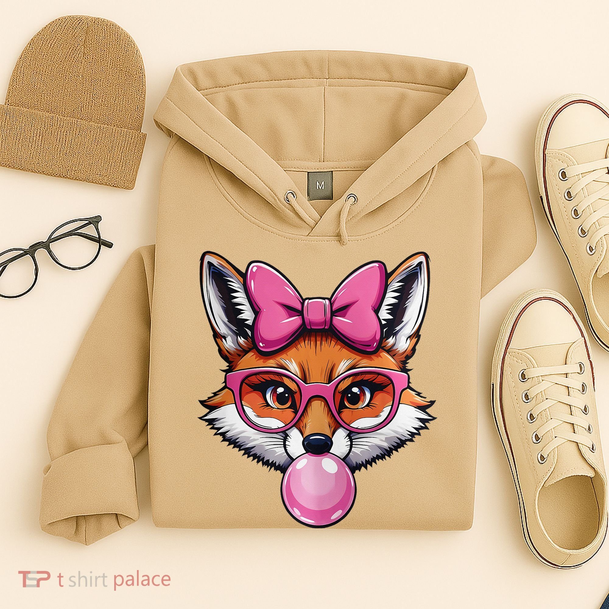 Cute Fox With Glasses And Blowing Gum Coquette Bow Women Hoodie
