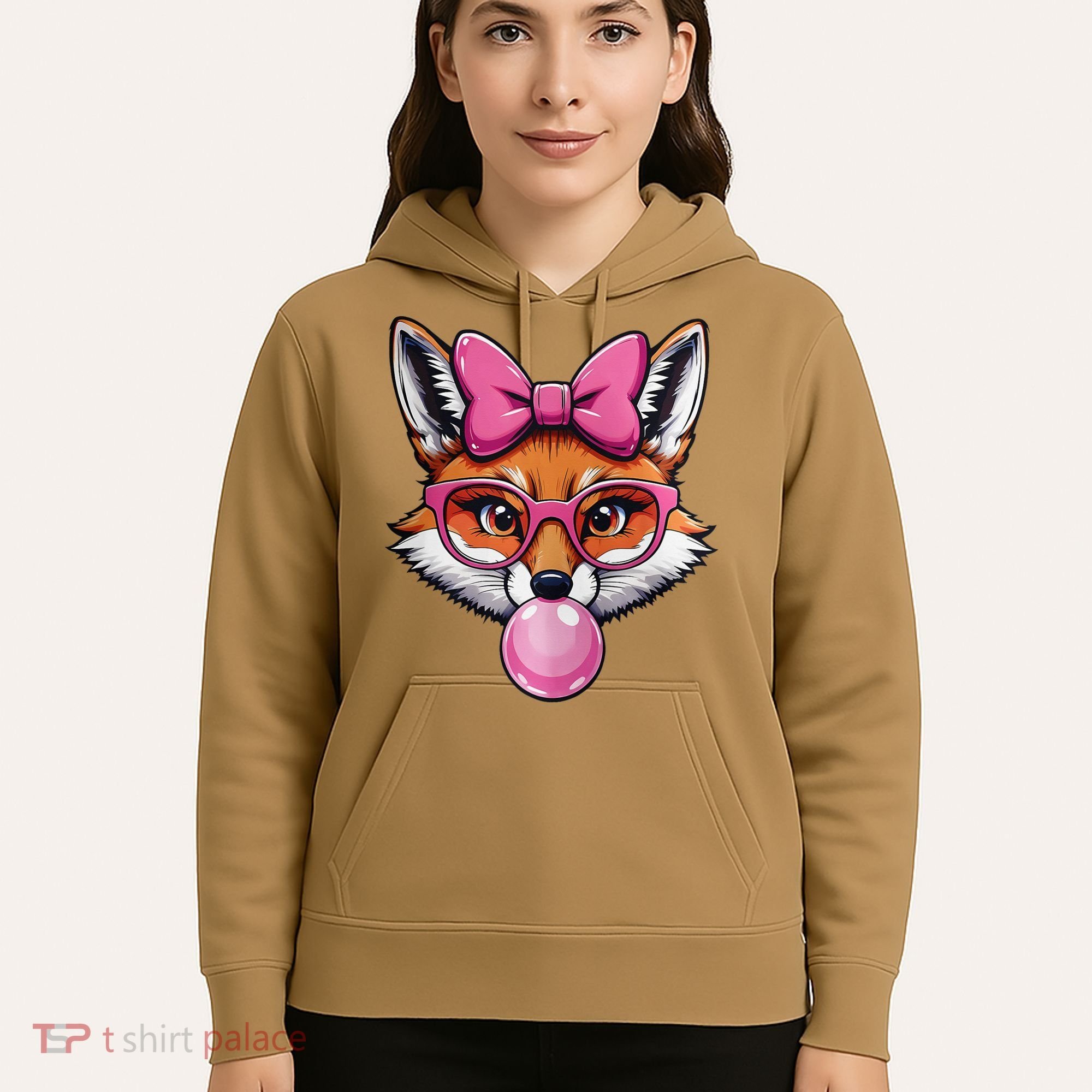 Cute Fox With Glasses And Blowing Gum Coquette Bow Women Hoodie