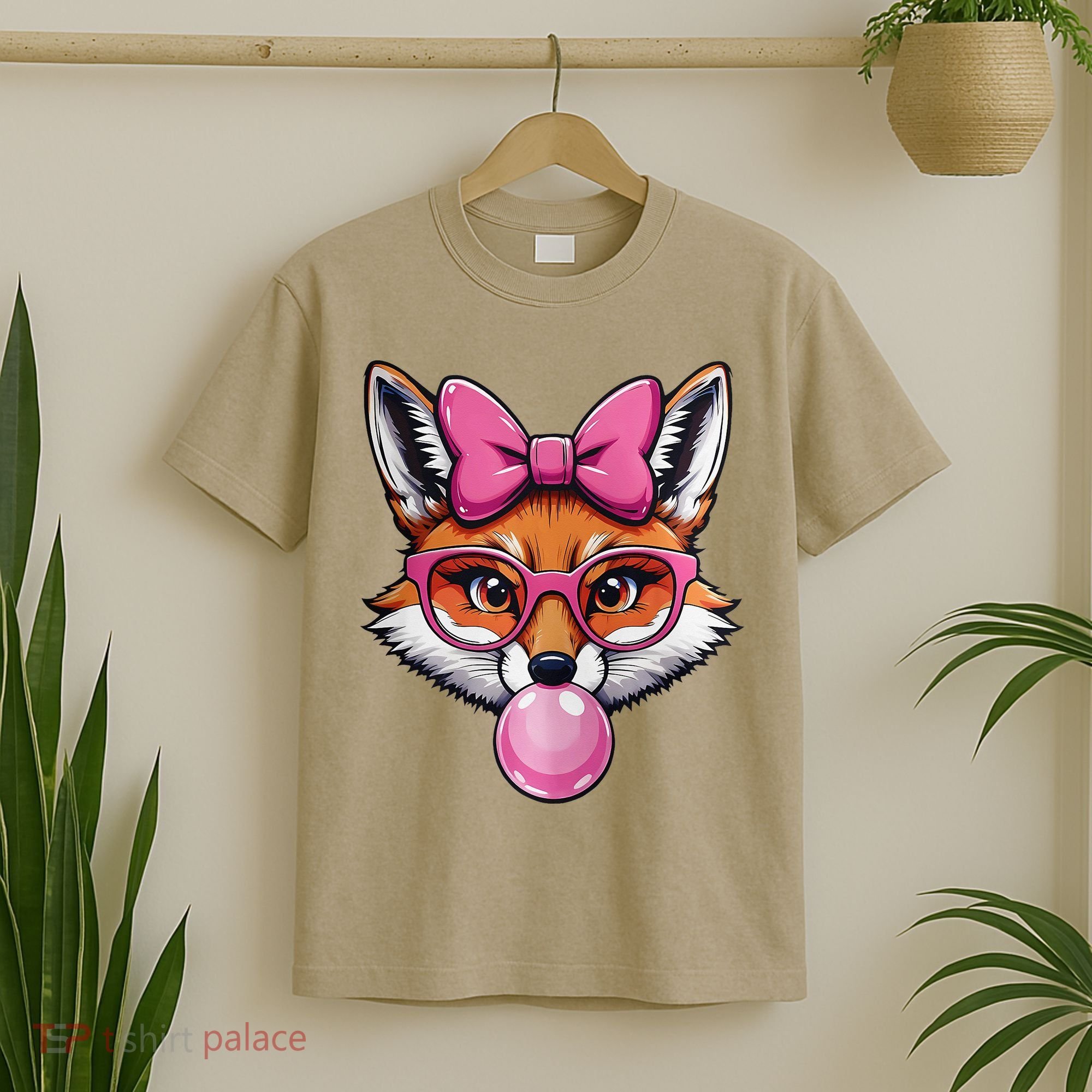 Cute Fox With Glasses And Blowing Gum Coquette Bow Women T-Shirt