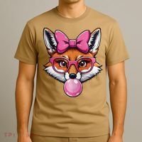 Cute Fox With Glasses And Blowing Gum Coquette Bow Women T-Shirt thumb 3