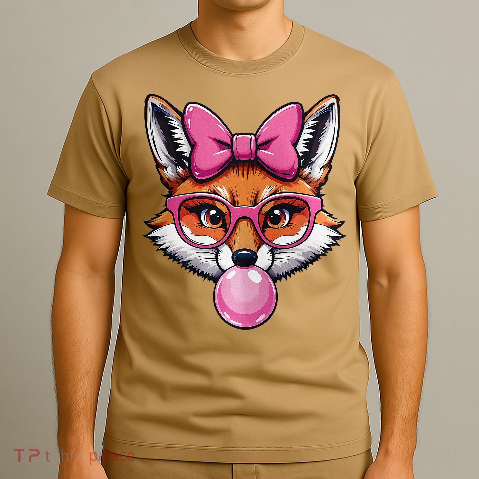 Cute Fox With Glasses And Blowing Gum Coquette Bow Women T-Shirt