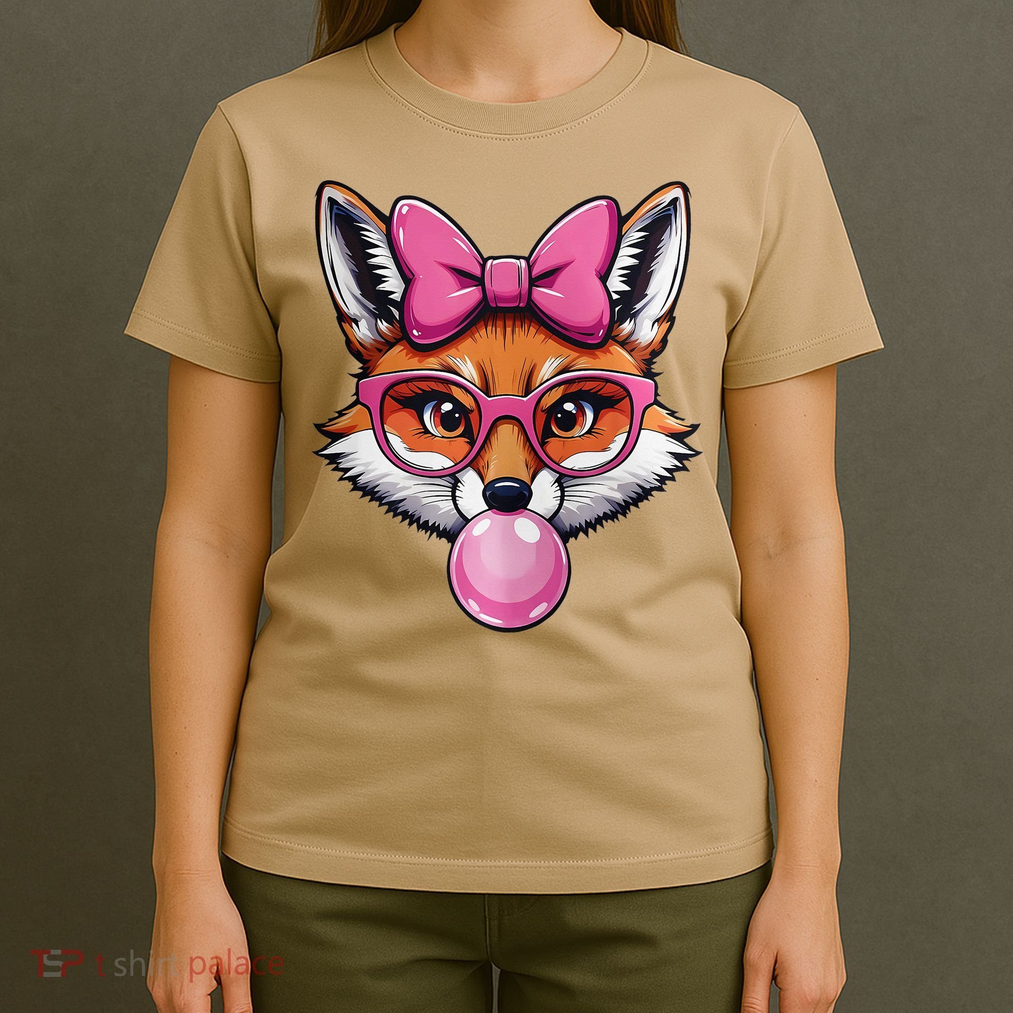Cute Fox With Glasses And Blowing Gum Coquette Bow Women T-Shirt
