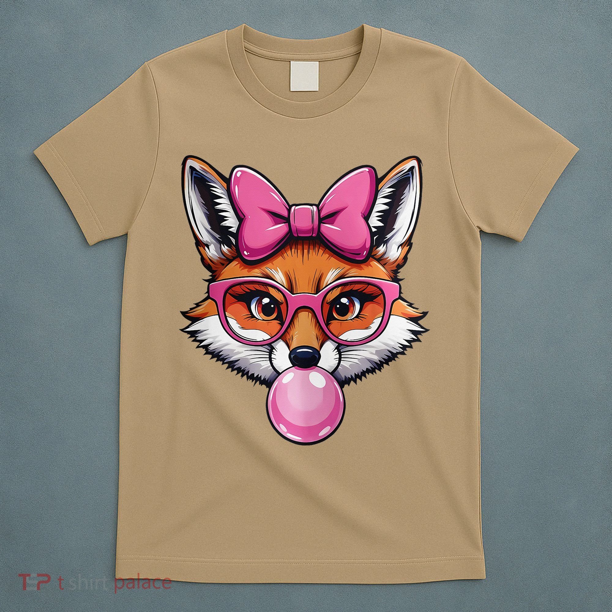 Cute Fox With Glasses And Blowing Gum Coquette Bow Women T-Shirt