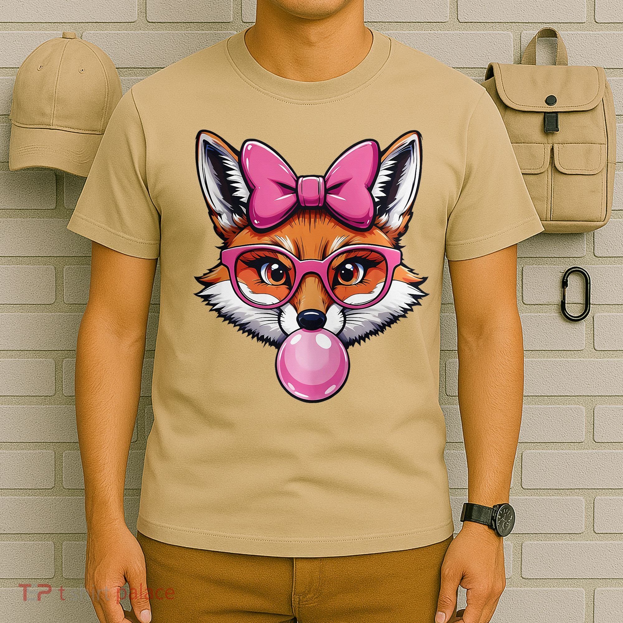 Cute Fox With Glasses And Blowing Gum Coquette Bow Women T-Shirt
