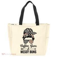Coffee Guns And Messy Buns Cool Gift Pro Gun Skull America Flag Gift Tote Bag thumb 0