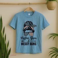 Coffee Guns And Messy Buns Cool Gift Pro Gun Skull America Flag Gift T-Shirt thumb 2