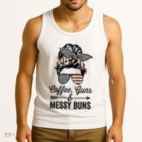 Coffee Guns And Messy Buns Cool Gift Pro Gun Skull America Flag Gift Tank Top thumb 3