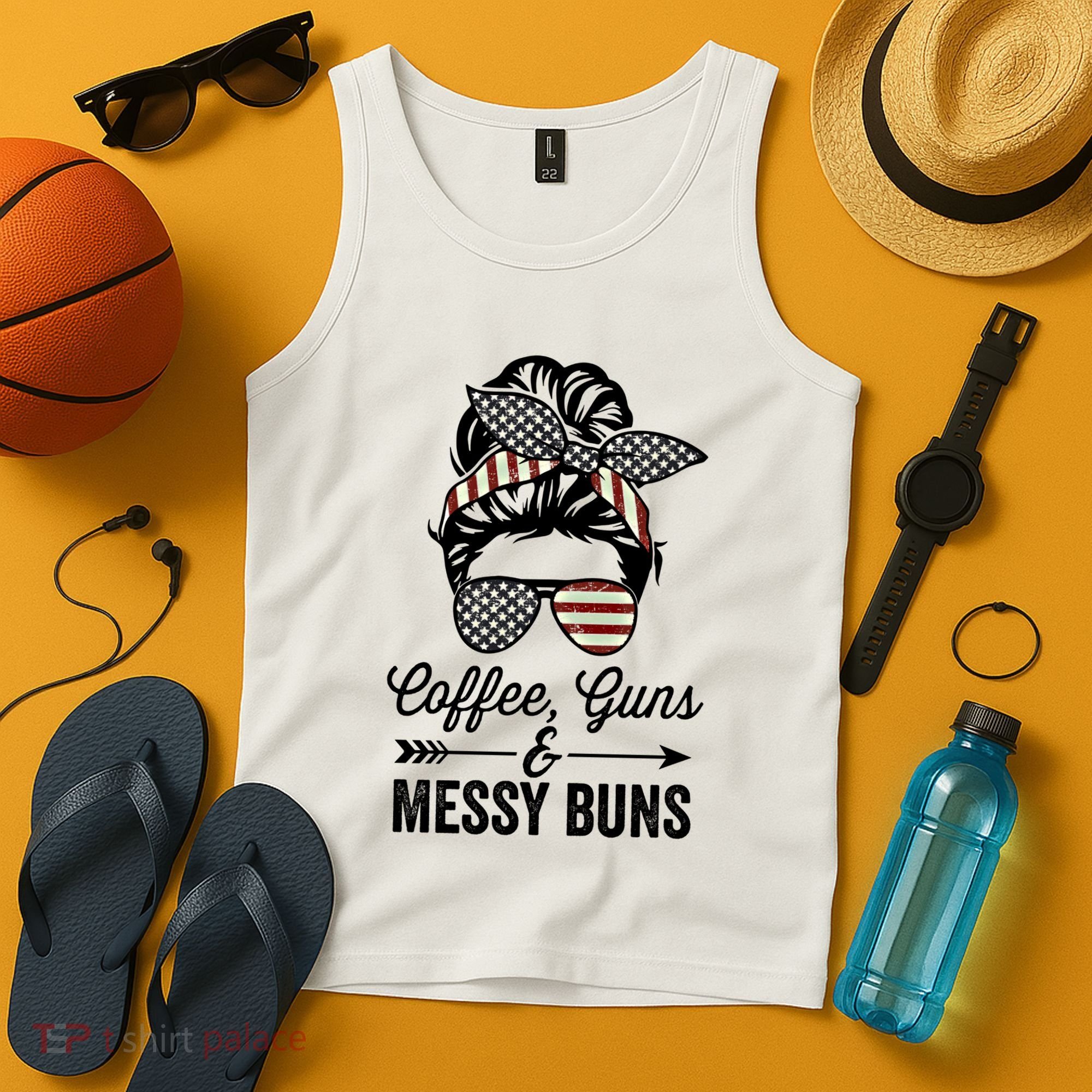 Coffee Guns And Messy Buns Cool Gift Pro Gun Skull America Flag Gift Tank Top