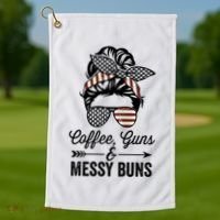 Coffee Guns And Messy Buns Cool Gift Pro Gun Skull America Flag Gift Golf Towel thumb 1