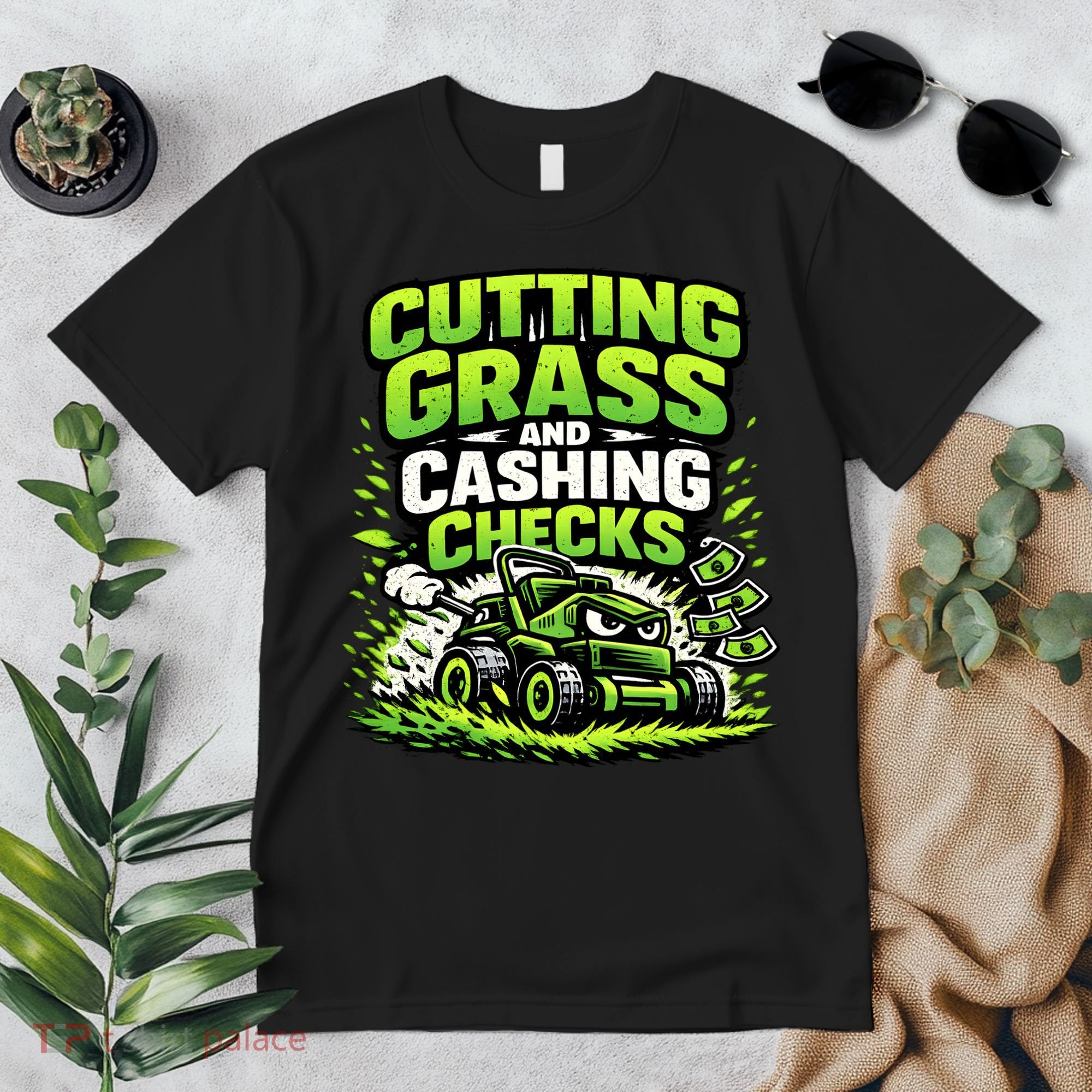 Cutting Grass And Cashing Checks Landscape Business Premium T-Shirt