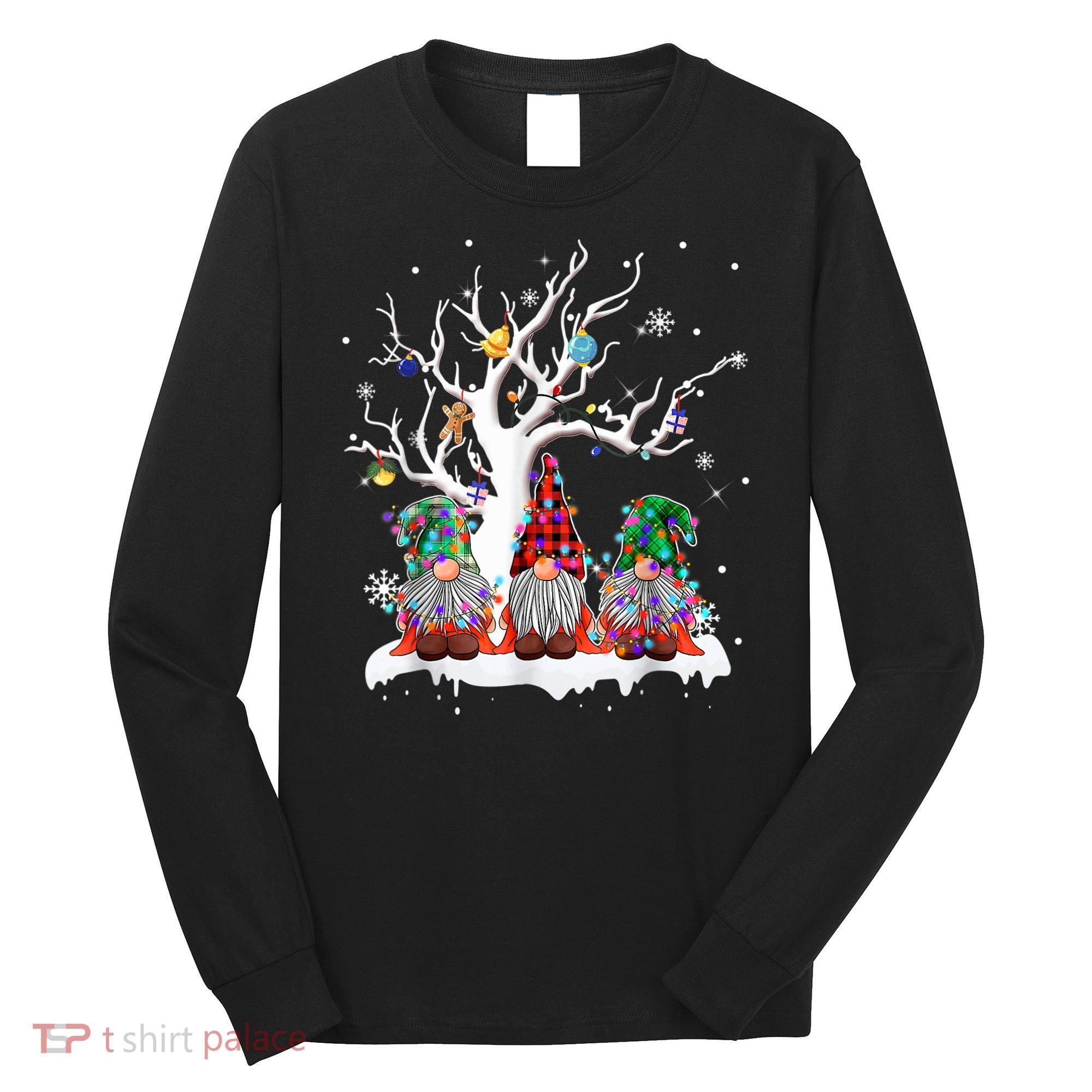 Cute Gnome Buffalo Plaid Christmas Tree Light Ugly Santa Hat Long Sleeve Shirt