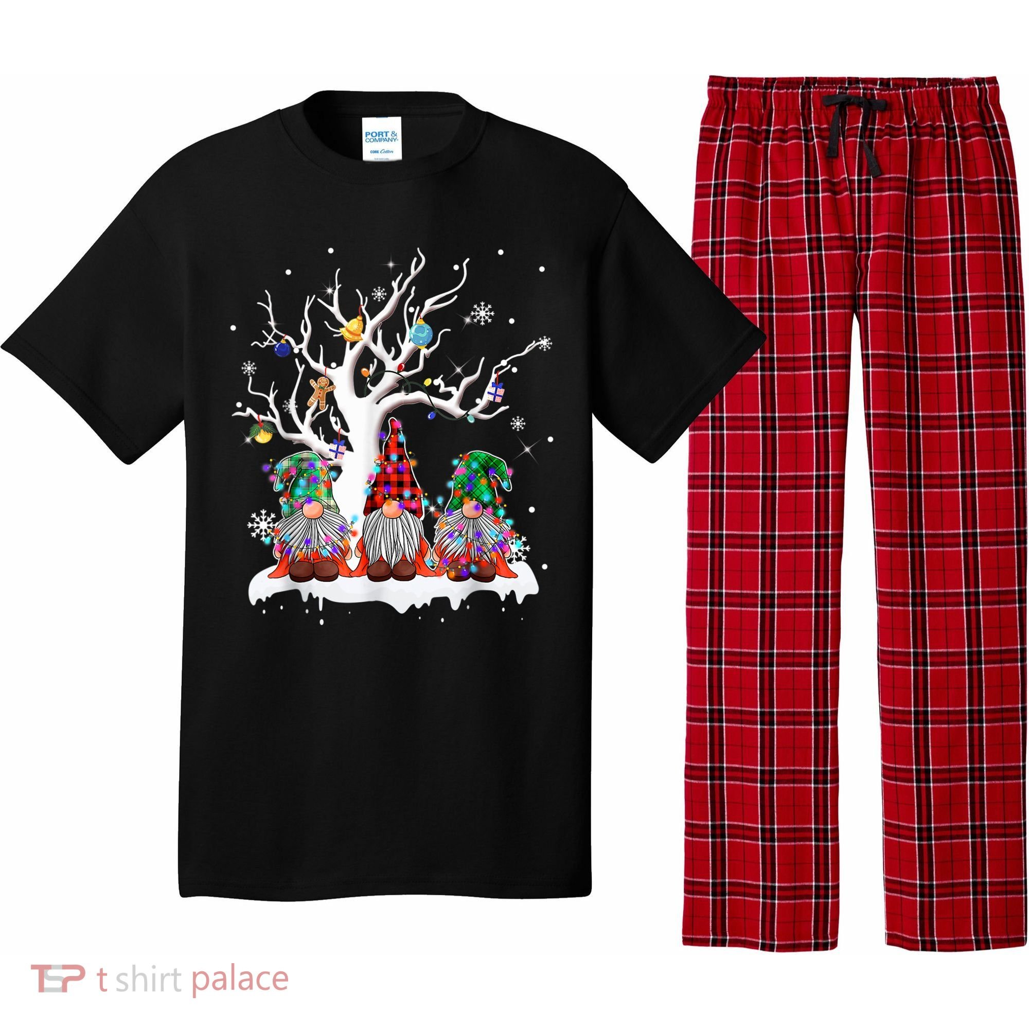 Cute Gnome Buffalo Plaid Christmas Tree Light Ugly Santa Hat Pajama Set