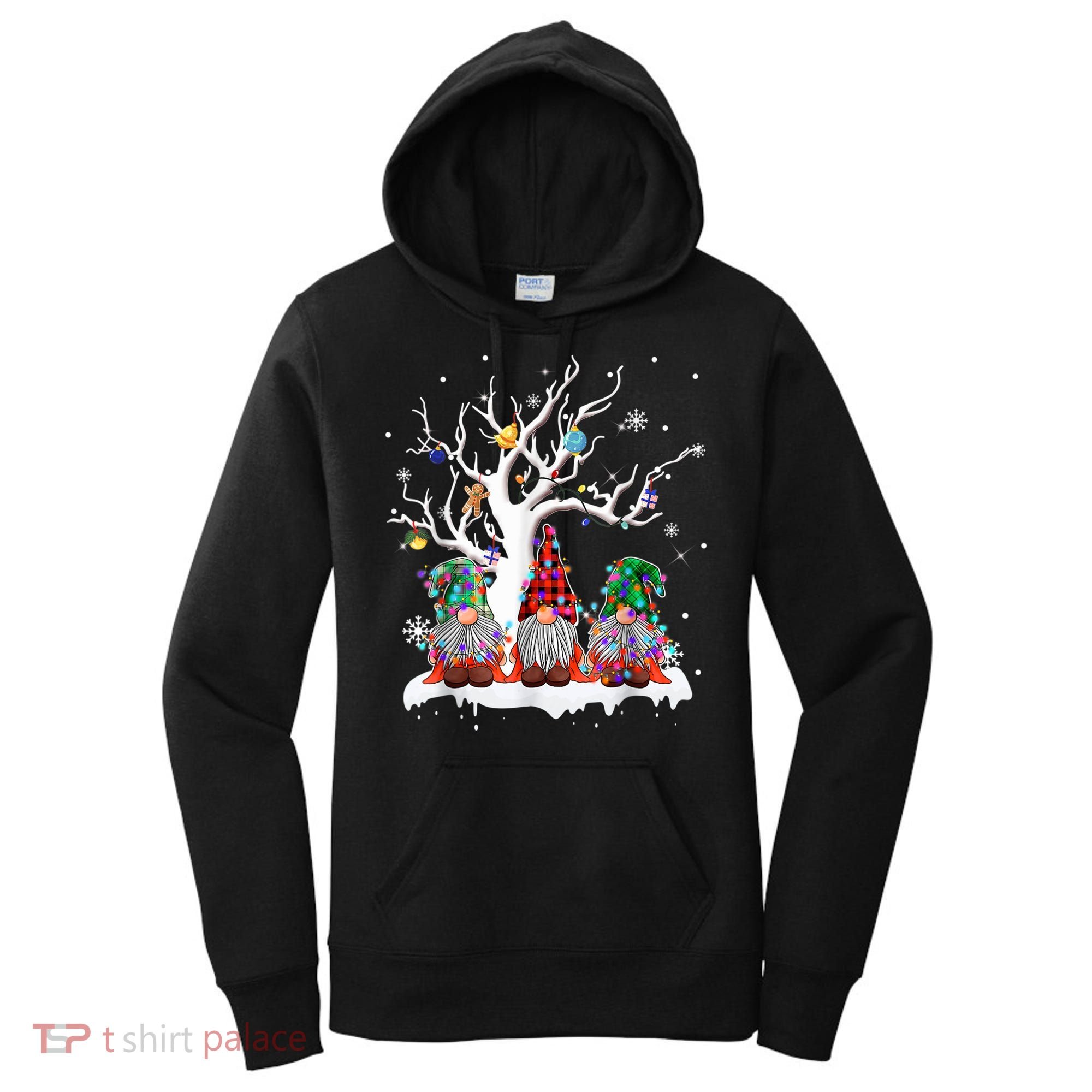 Cute Gnome Buffalo Plaid Christmas Tree Light Ugly Santa Hat Women's Hoodie