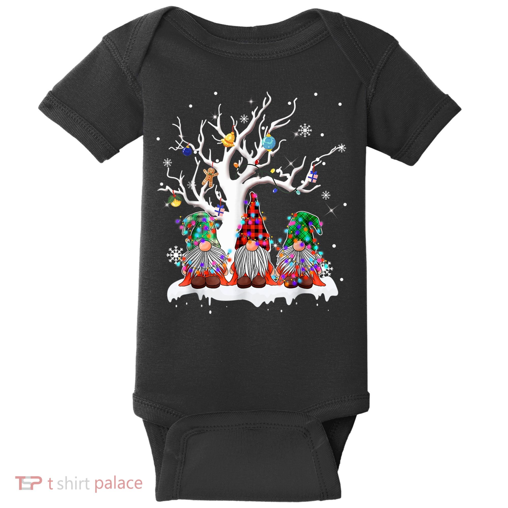 Cute Gnome Buffalo Plaid Christmas Tree Light Ugly Santa Hat Baby Bodysuit