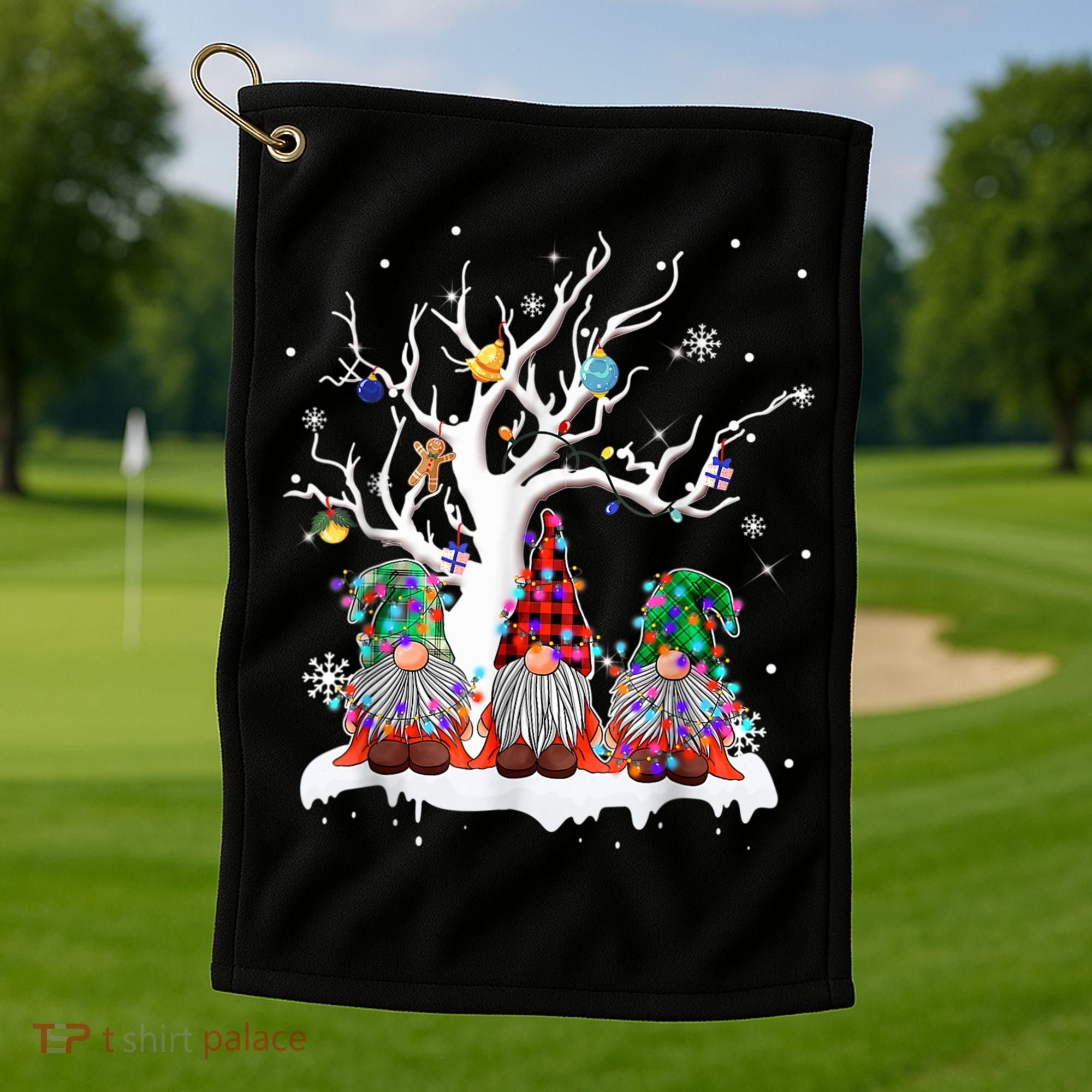 Cute Gnome Buffalo Plaid Christmas Tree Light Ugly Santa Hat Golf Towel