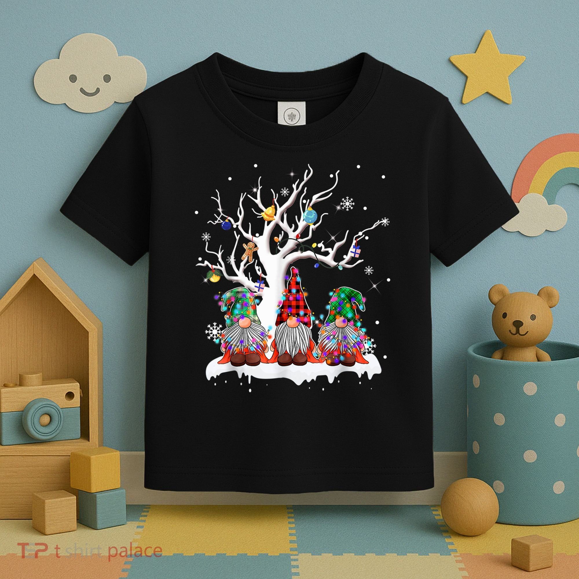 Cute Gnome Buffalo Plaid Christmas Tree Light Ugly Santa Hat Toddler T-Shirt
