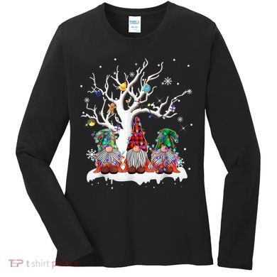 Cute Gnome Buffalo Plaid Christmas Tree Light Ugly Santa Hat Women's Long Sleeve Shirt