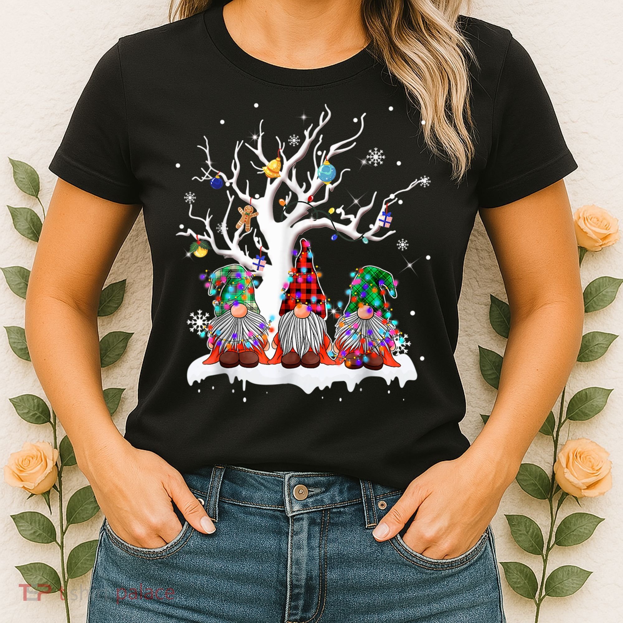 Cute Gnome Buffalo Plaid Christmas Tree Light Ugly Santa Hat Women's T-Shirt
