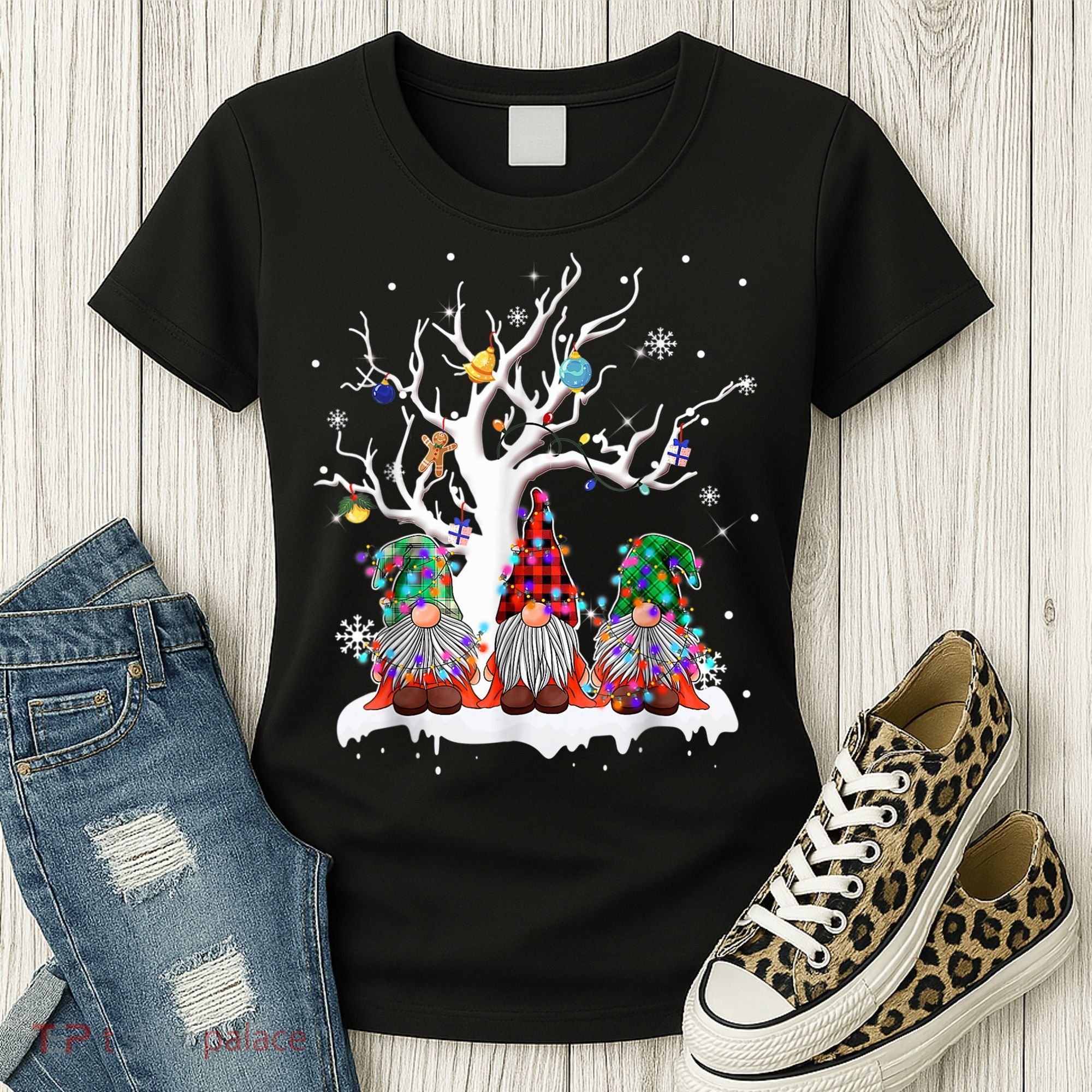 Cute Gnome Buffalo Plaid Christmas Tree Light Ugly Santa Hat Women's T-Shirt