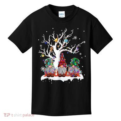 Cute Gnome Buffalo Plaid Christmas Tree Light Ugly Santa Hat Kids T-Shirt