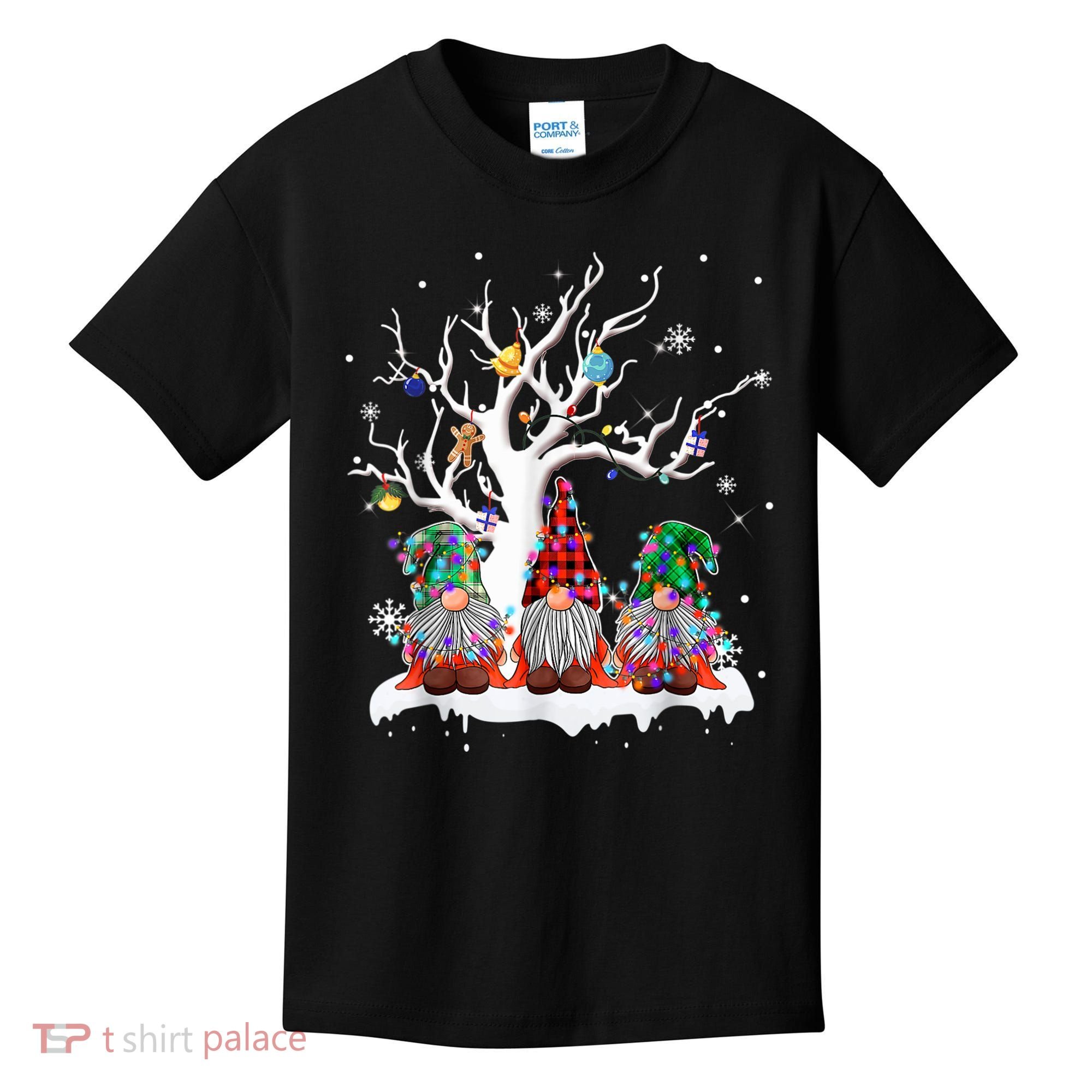 Cute Gnome Buffalo Plaid Christmas Tree Light Ugly Santa Hat Kids T-Shirt