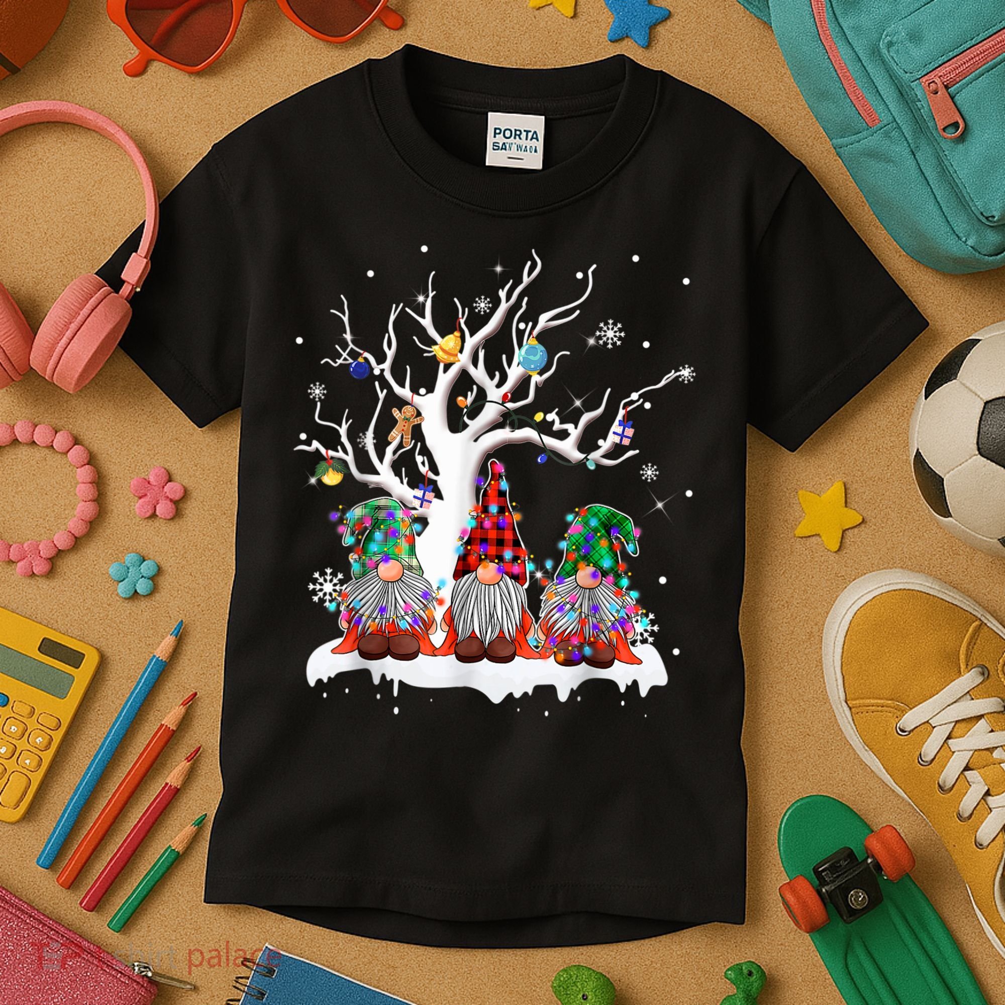 Cute Gnome Buffalo Plaid Christmas Tree Light Ugly Santa Hat Kids T-Shirt