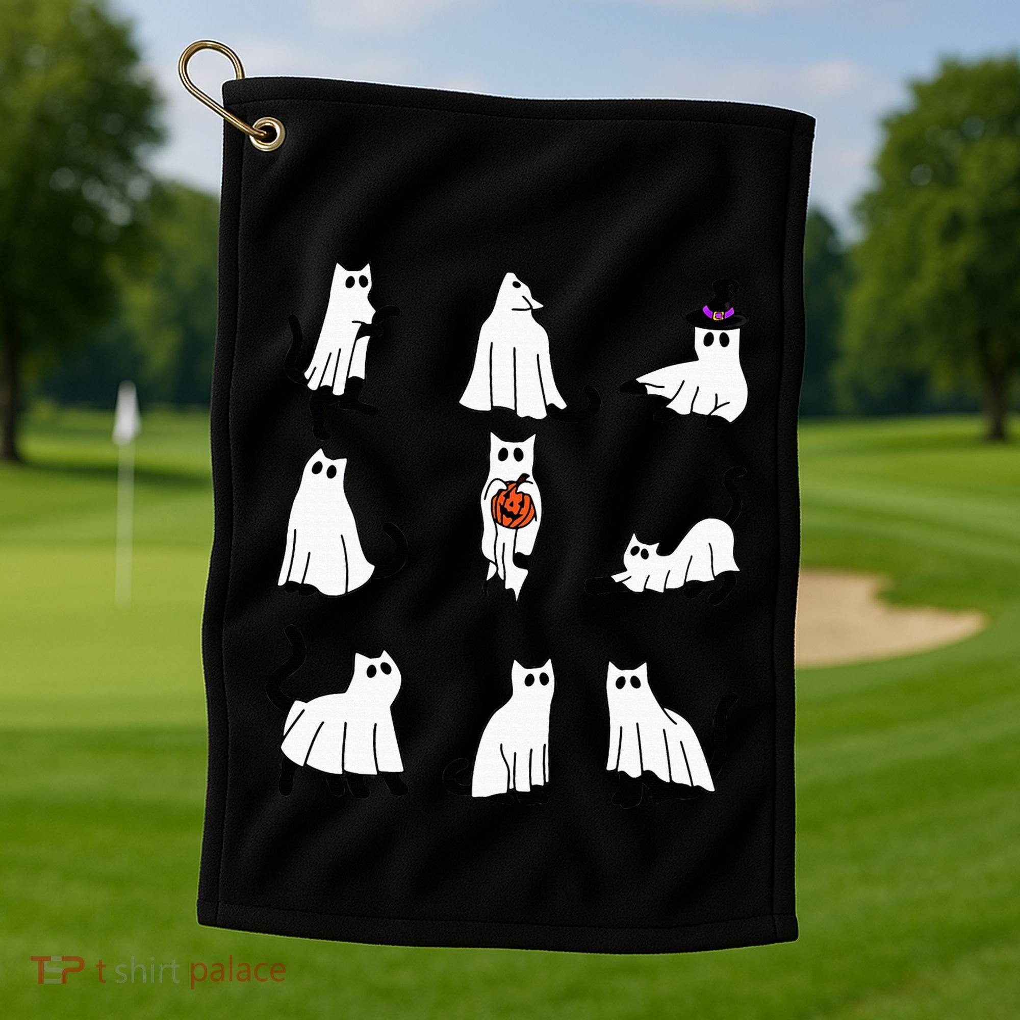 Cute Ghost Cat Funny Halloween Outfit Costumes Black Cat Golf Towel