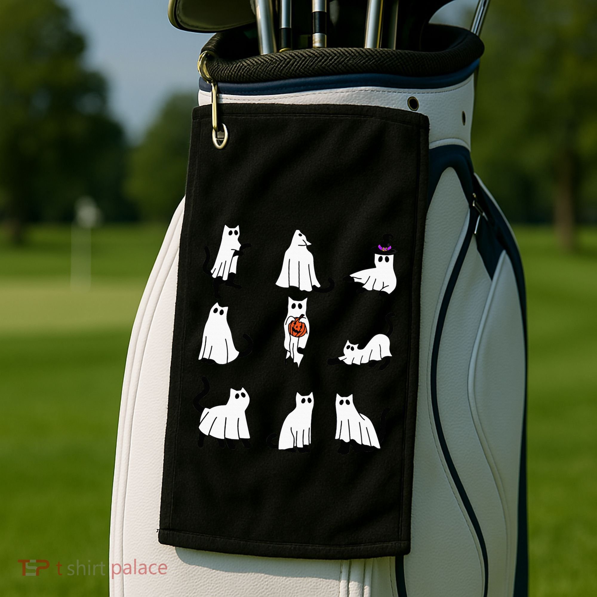 Cute Ghost Cat Funny Halloween Outfit Costumes Black Cat Golf Towel