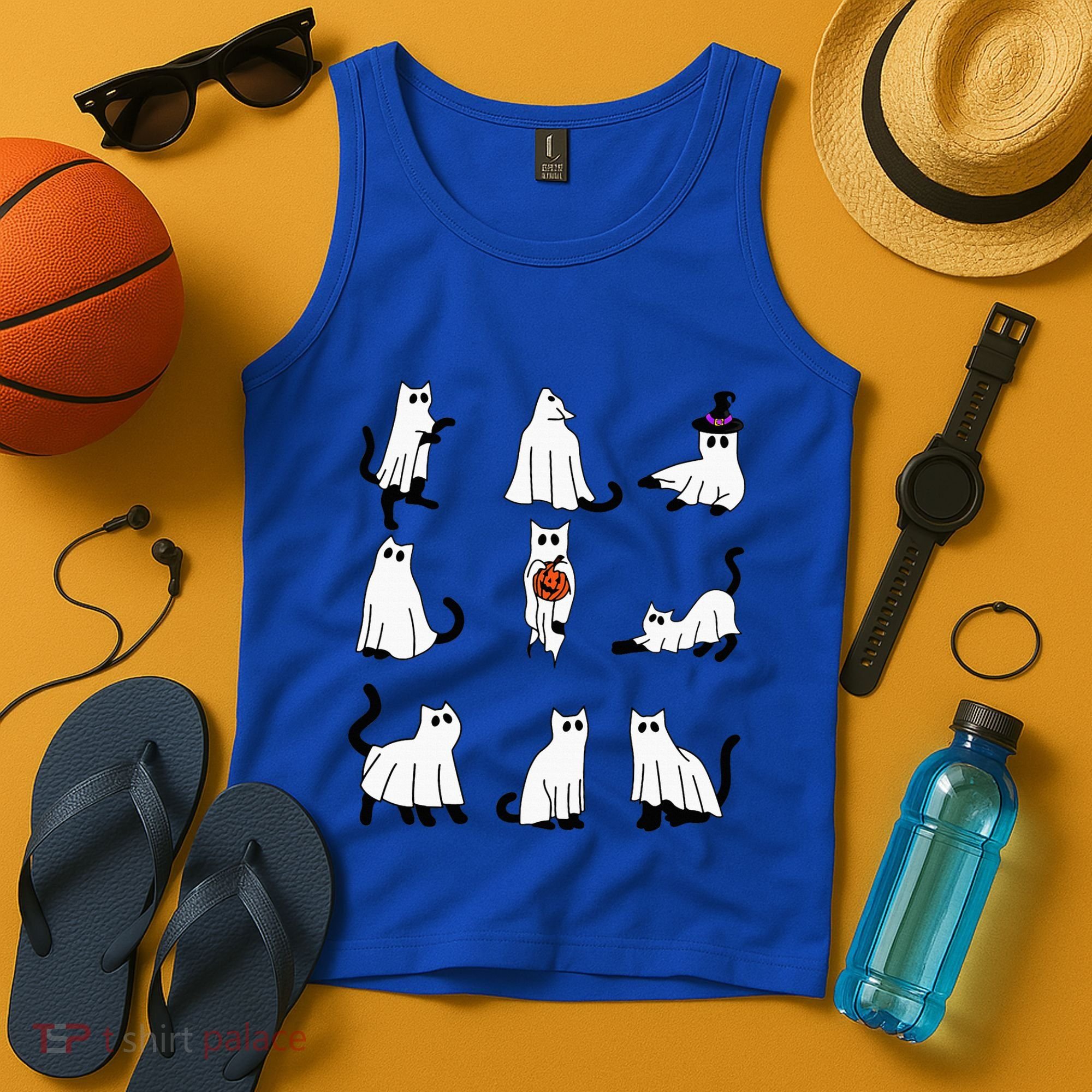 Cute Ghost Cat Funny Halloween Outfit Costumes Black Cat Tank Top