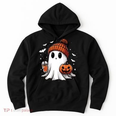 Cute Ghost Drinking Coffee Halloween Ghost Ice Coffee Women Long Sleeve Hoodie