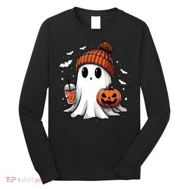Cute Ghost Drinking Coffee Halloween Ghost Ice Coffee Women Long Sleeve Long Sleeve Shirt
