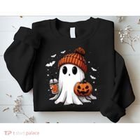Cute Ghost Drinking Coffee Halloween Ghost Ice Coffee Women Long Sleeve Sweatshirt thumb 2