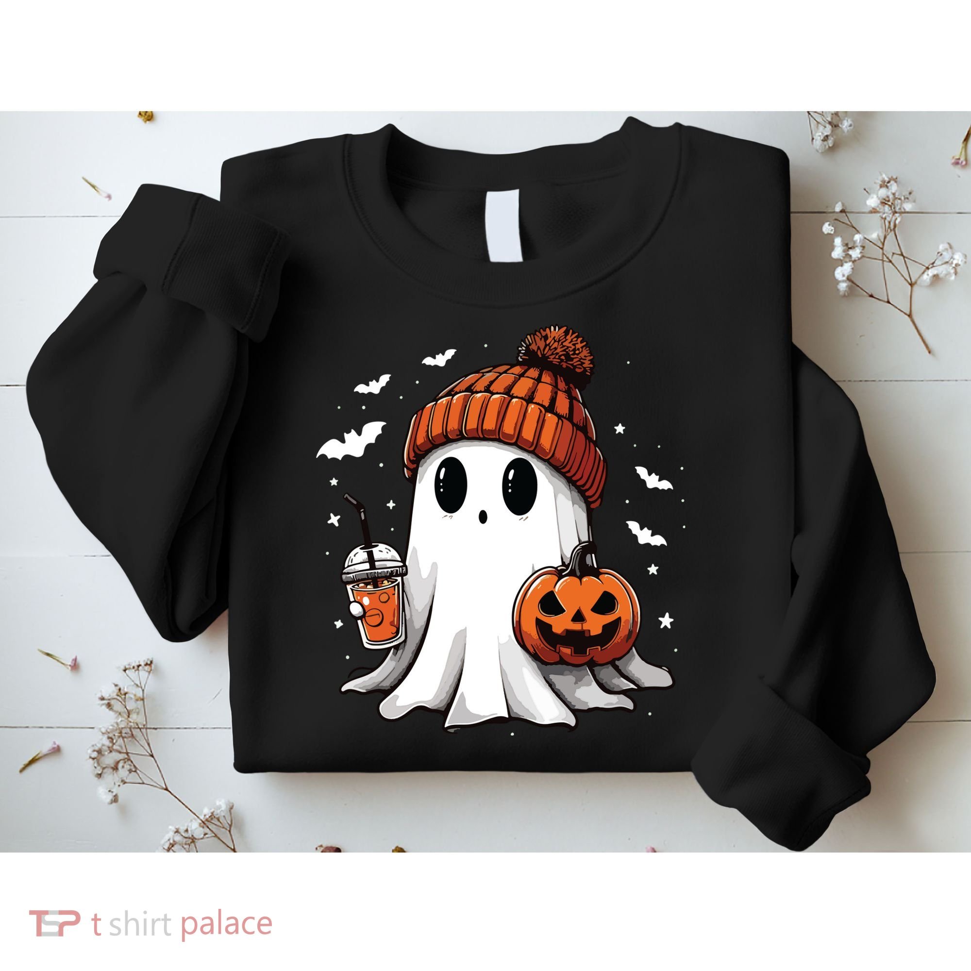 Cute Ghost Drinking Coffee Halloween Ghost Ice Coffee Women Long Sleeve Sweatshirt