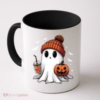 Cute Ghost Drinking Coffee Halloween Ghost Ice Coffee Women Long Sleeve Coffee Mug thumb 0