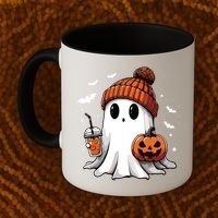 Cute Ghost Drinking Coffee Halloween Ghost Ice Coffee Women Long Sleeve Coffee Mug thumb 2