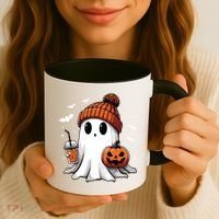 Cute Ghost Drinking Coffee Halloween Ghost Ice Coffee Women Long Sleeve Coffee Mug thumb 3