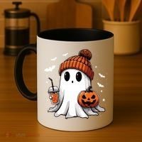 Cute Ghost Drinking Coffee Halloween Ghost Ice Coffee Women Long Sleeve Coffee Mug thumb 4