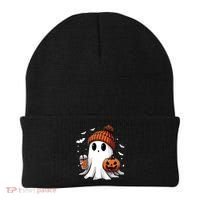 Cute Ghost Drinking Coffee Halloween Ghost Ice Coffee Women Long Sleeve Beanie thumb 0